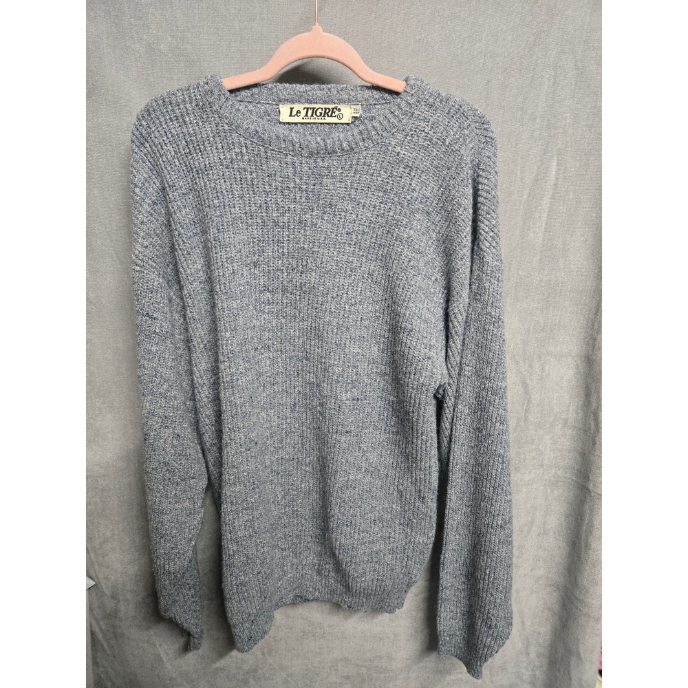Le Tigre Vintage Mens Large Tall Blue Marled Knit Crewneck Sweater‎ Made in USA